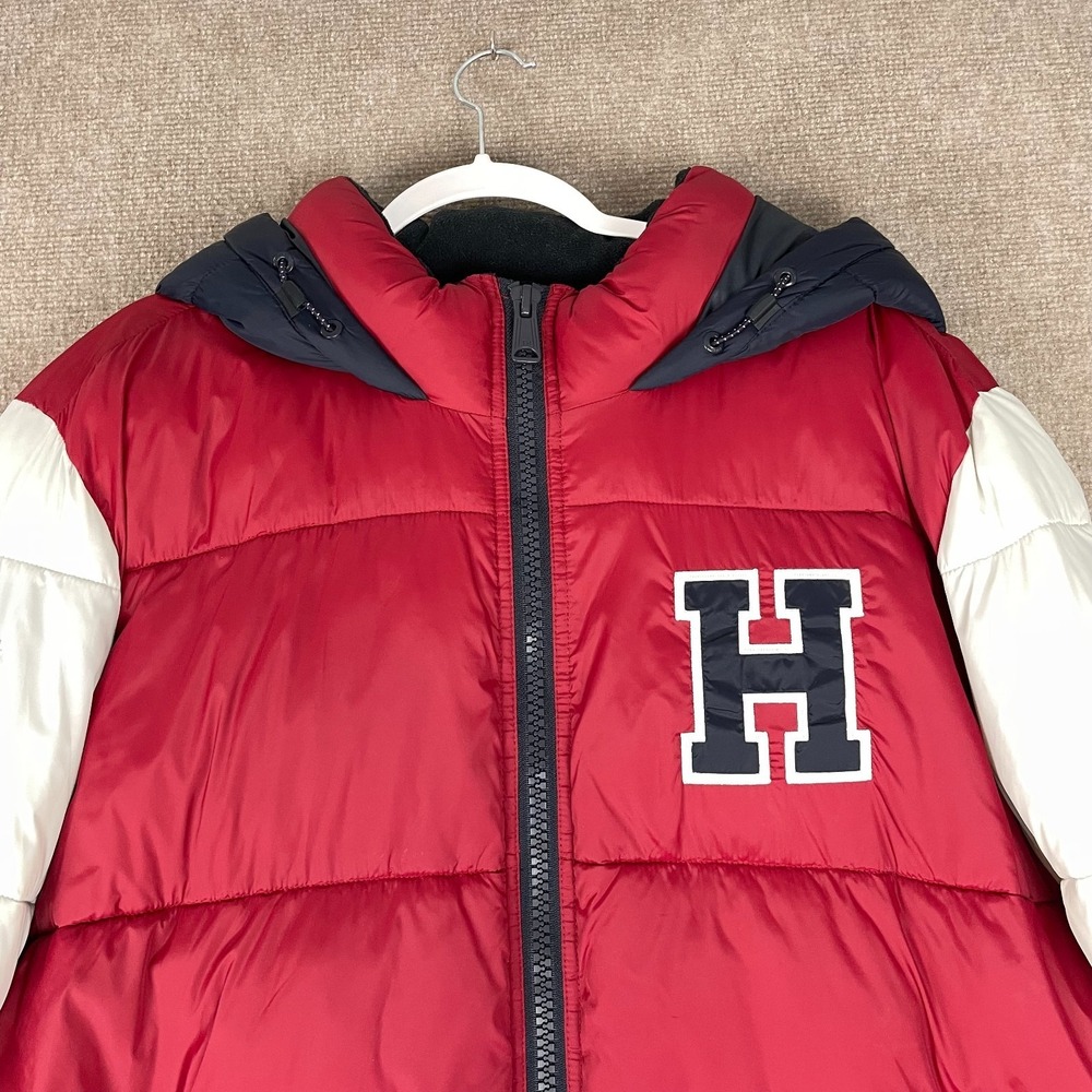 Tommy Hilfiger Puffer Jacket Mens 2XL Red White Varsity Hooded Full Zip Logo - Picture 2 of 16